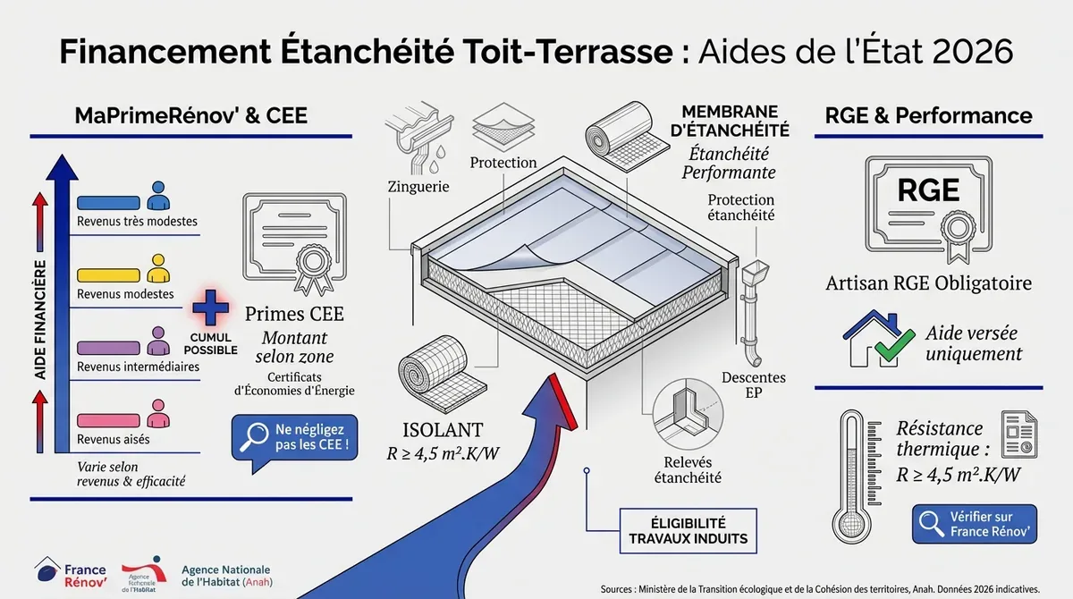 Schéma des aides financières pour l'étanchéité et l'isolation d'un toit terrasse en 2026