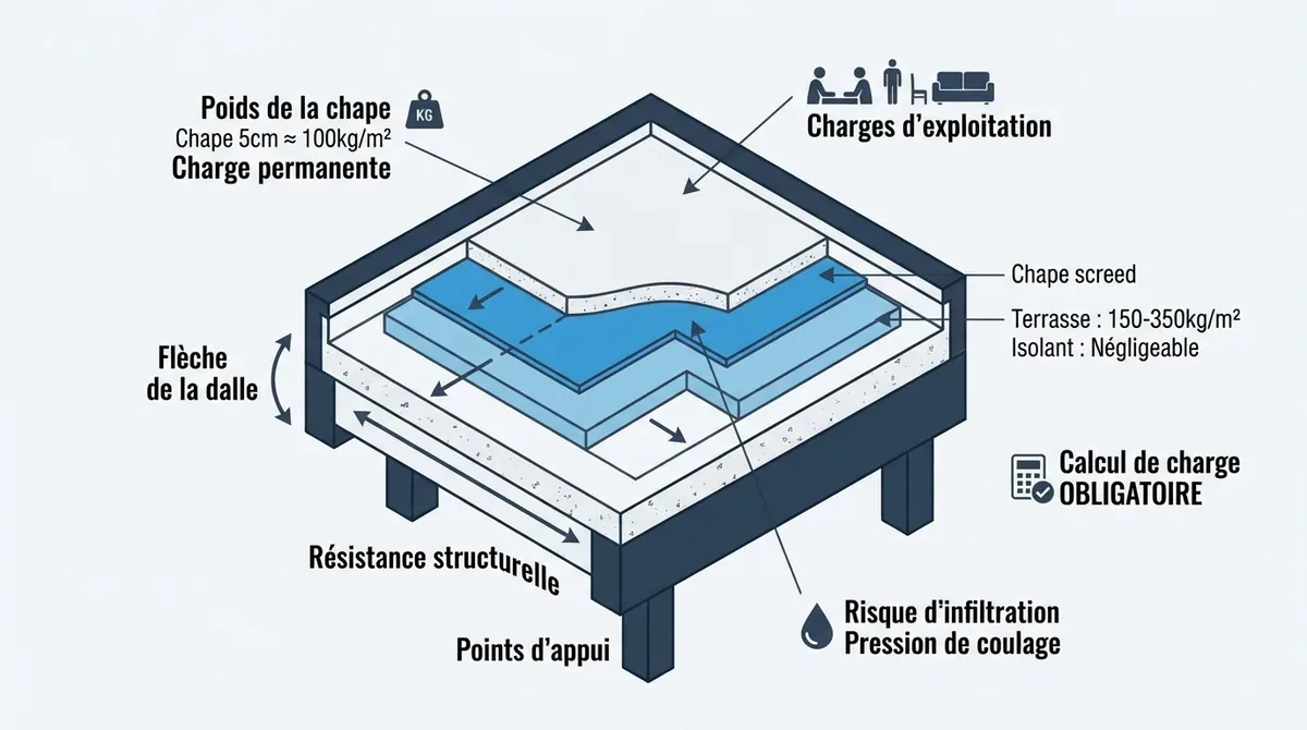 Coupe technique d'une toiture terrasse avec chape et étanchéité