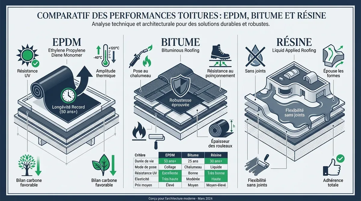 Comparatif technique des solutions d'étanchéité EPDM bitume et résine pour toiture terrasse