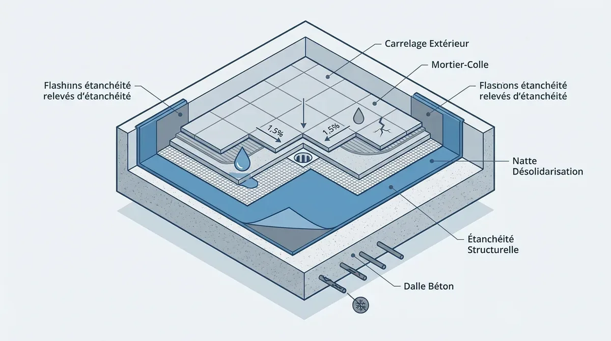 Schéma technique d'étanchéité de toit-terrasse avant carrelage