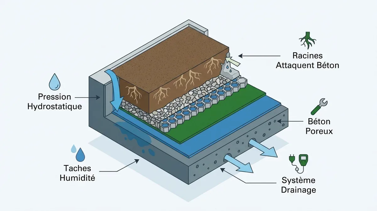 Schéma technique d'une jardinière sur toit avec étanchéité renforcée et système de drainage