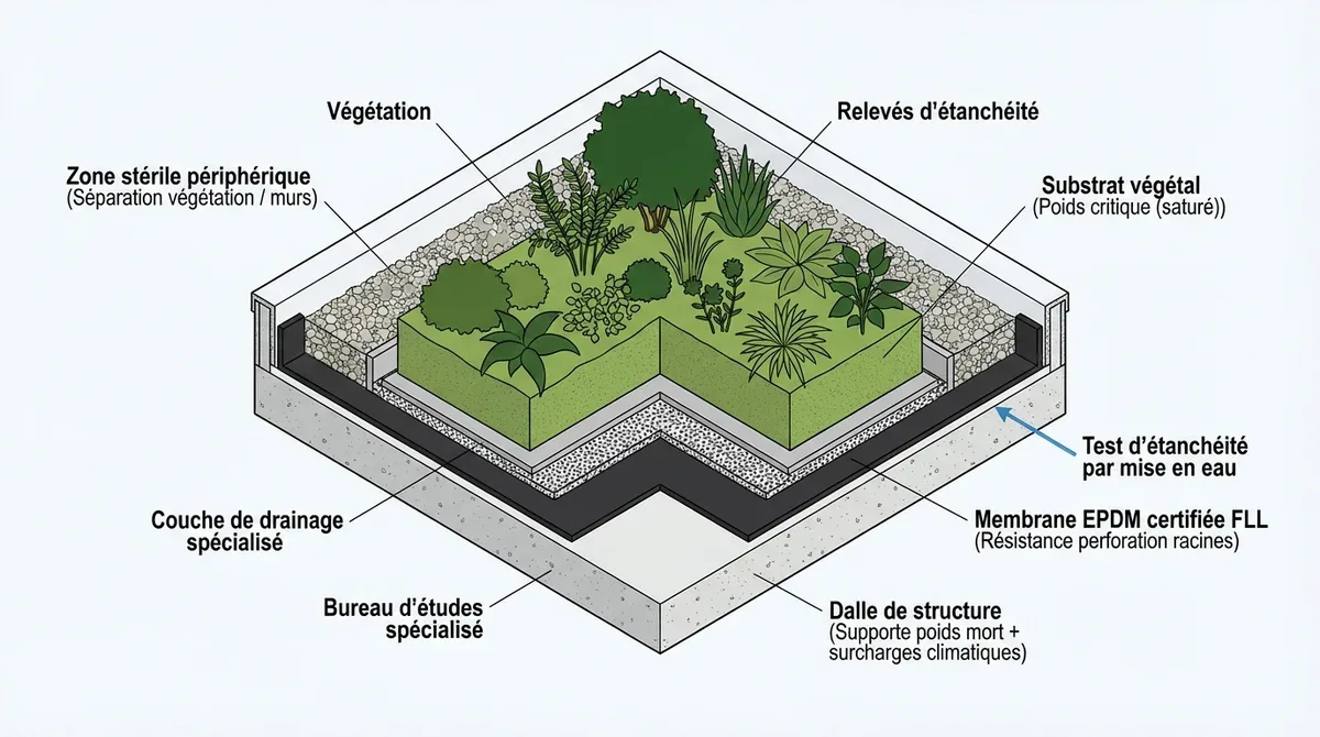 Schéma technique de l'étanchéité et des couches d'un toit terrasse végétalisé