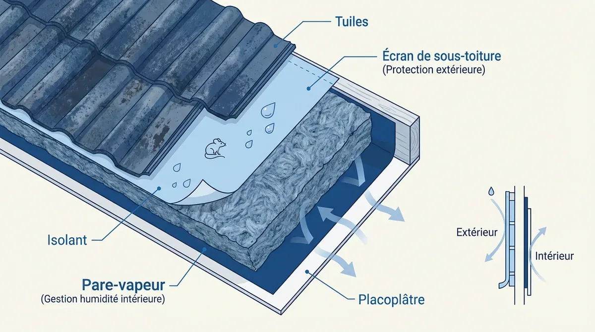 Schéma d'une coupe de toiture montrant l'écran de sous-toiture et le pare-vapeur