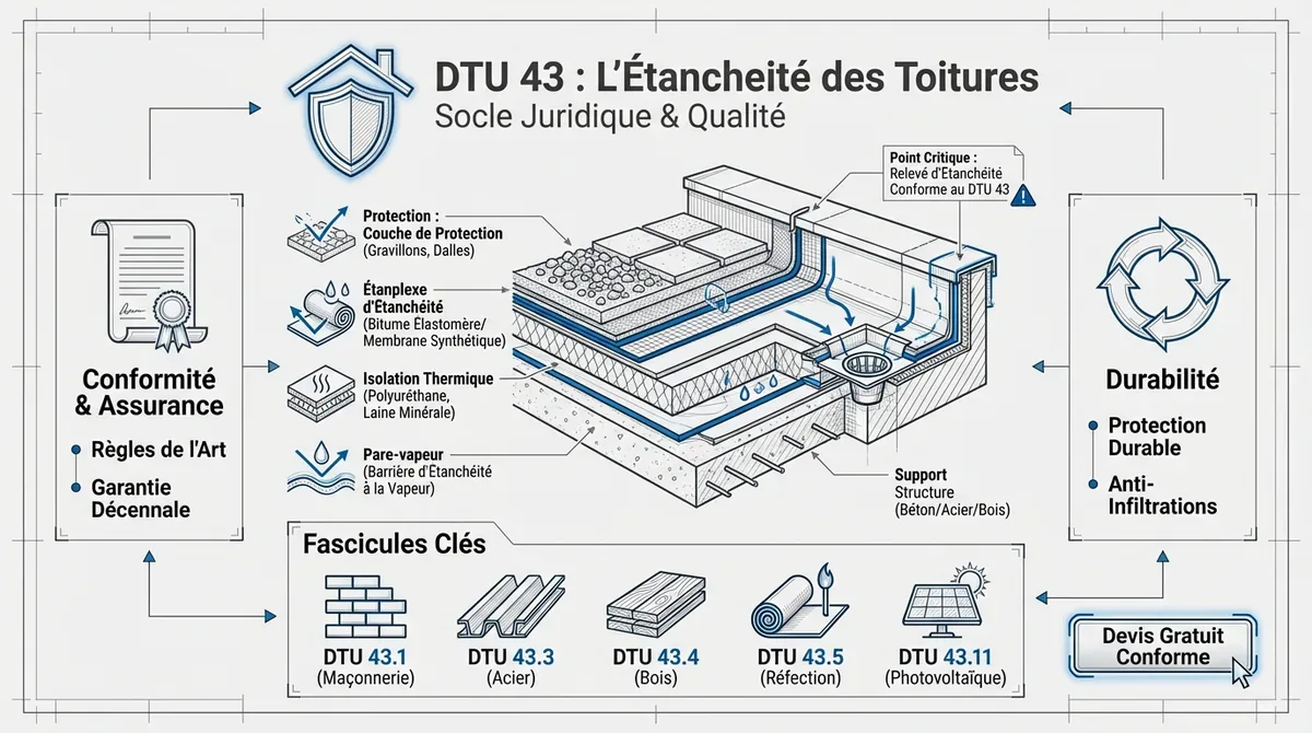 Schéma technique de l'étanchéité d'une toiture terrasse selon les normes DTU 43