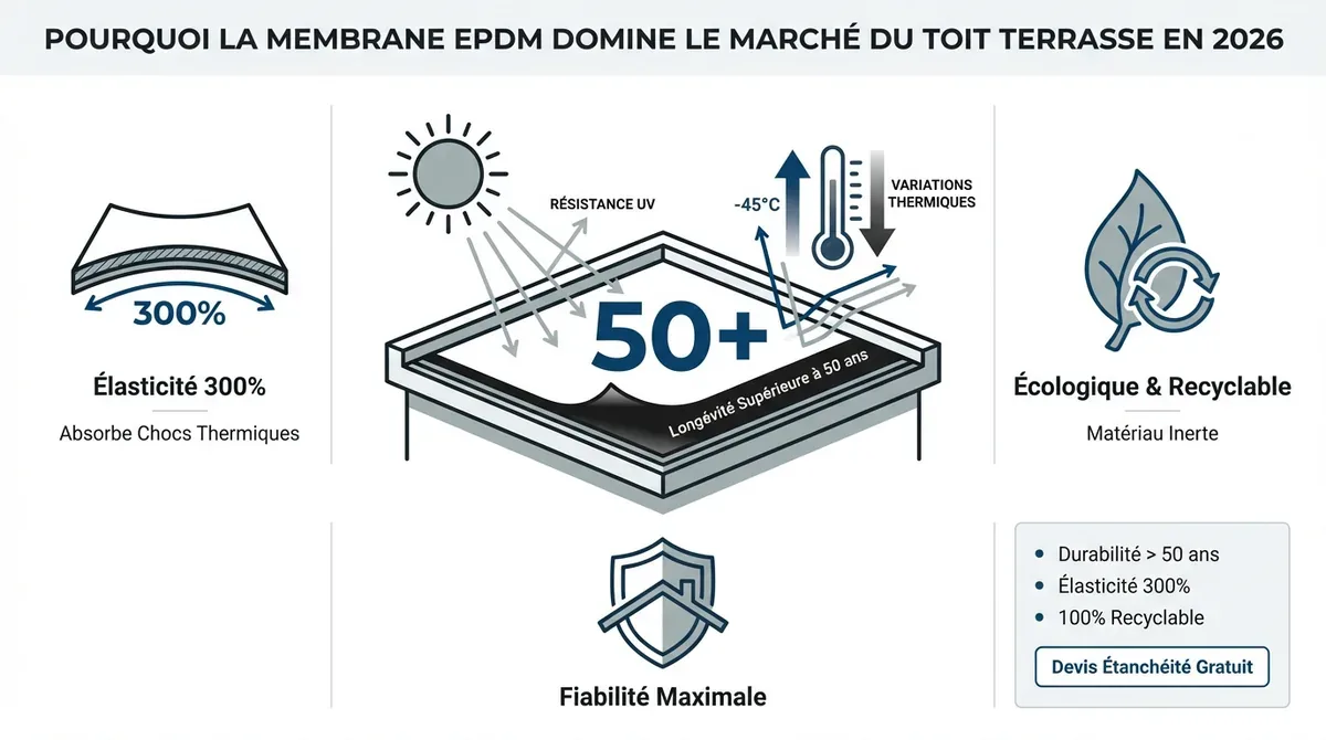 Pose d'une membrane EPDM sur un toit terrasse moderne en 2026
