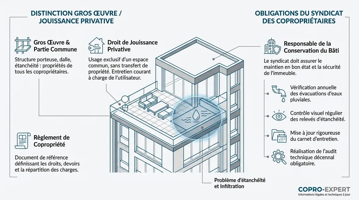 Schéma expliquant la distinction entre gros œuvre et droit de jouissance sur un toit terrasse