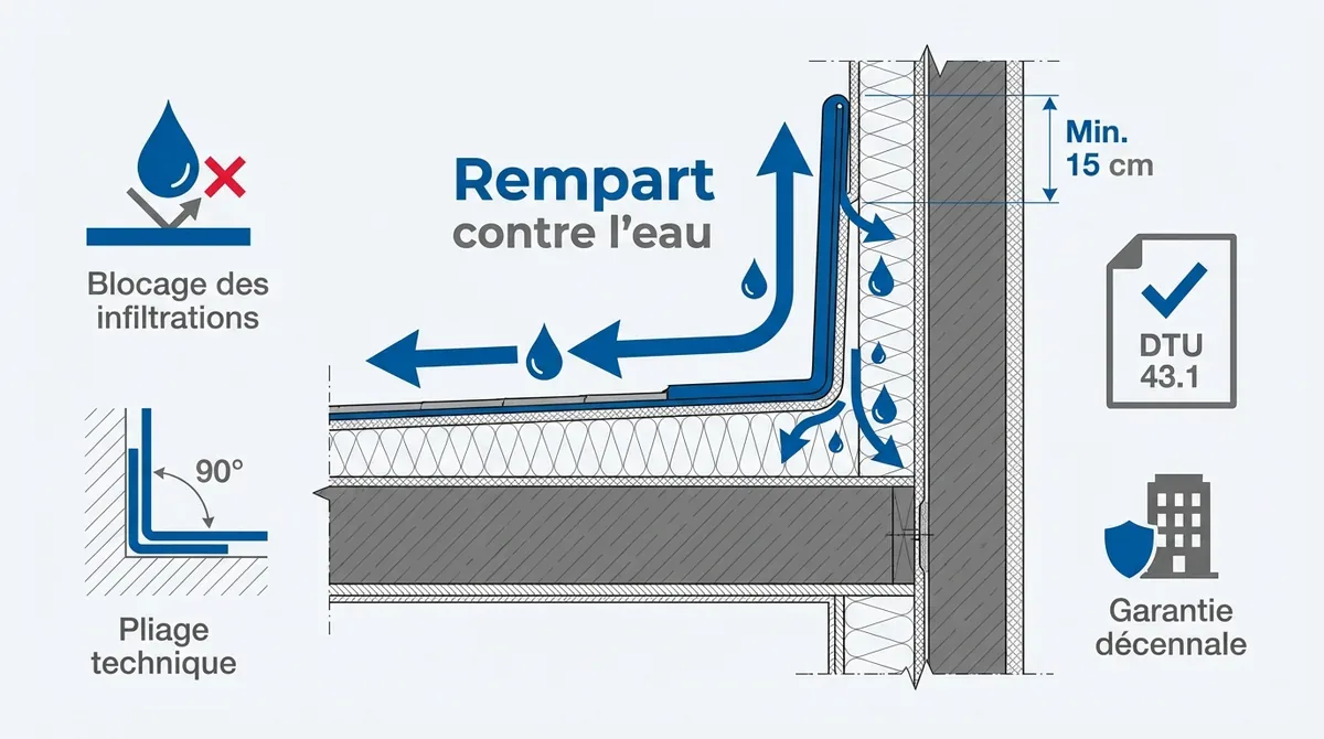 Schéma technique d'un relevé d'étanchéité sur muret acrotère de toit terrasse