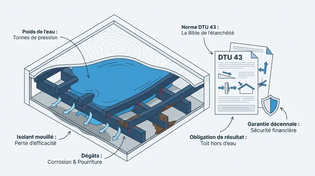 Schéma technique de l'impact de l'eau stagnante sur une toiture terrasse et conformité DTU