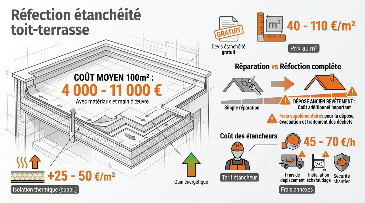 Infographie des tarifs de réfection étanchéité pour toit terrasse de 100m2