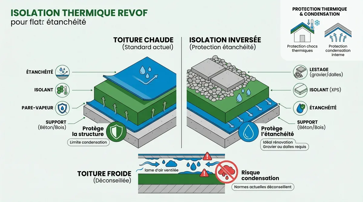 Schéma comparatif entre isolation de toiture terrasse chaude et inversée