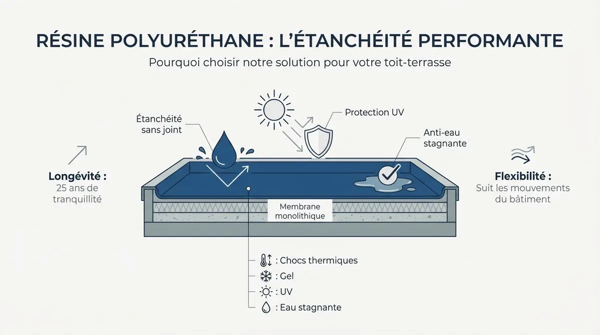 Application de résine polyuréthane pour étanchéité de toit-terrasse