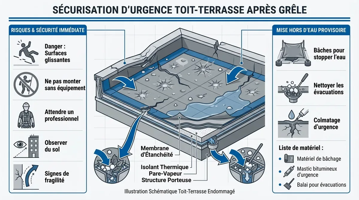 Sécurisation d'urgence d'un toit terrasse après un sinistre grêle avec pose de bâche