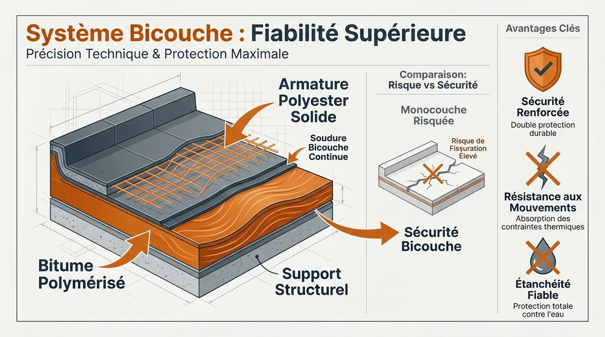 Schéma technique d'une étanchéité bicouche bitume sur toiture terrasse