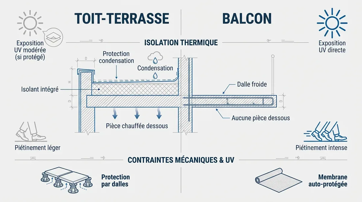 Comparaison structurelle entre l'étanchéité d'un toit terrasse isolé et d'un balcon en béton