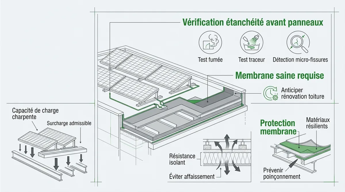 Installation de panneaux solaires sur toit terrasse avec vérification de l'étanchéité