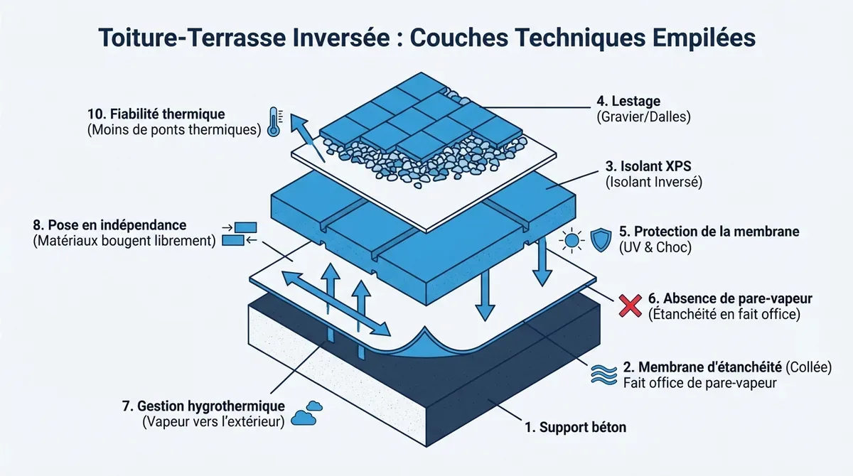 Schéma des couches techniques d'une toiture-terrasse en isolation inversée avec isolant XPS et lestage